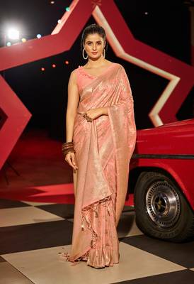 Peach Kabutai silk bland banarasi style soft zari weaving saree with Blouse 3