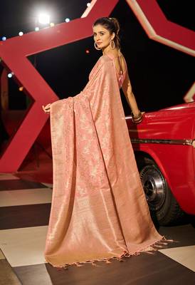 Peach Kabutai silk bland banarasi style soft zari weaving saree with Blouse 4