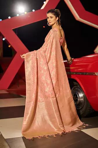 Peach Kabutai silk bland banarasi style soft zari weaving saree with Blouse
