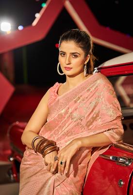 Peach Kabutai silk bland banarasi style soft zari weaving saree with Blouse 5