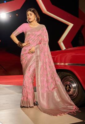 Pink Kabutai silk bland banarasi style soft zari weaving saree with Blouse 2