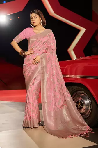 Pink Kabutai silk bland banarasi style soft zari weaving saree with Blouse