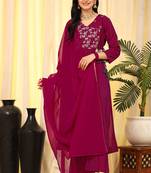 Trendmalls  Leeva Silk Embroidery Salwar Suit Set Angarkha Kurta Palazzo with Dupatta