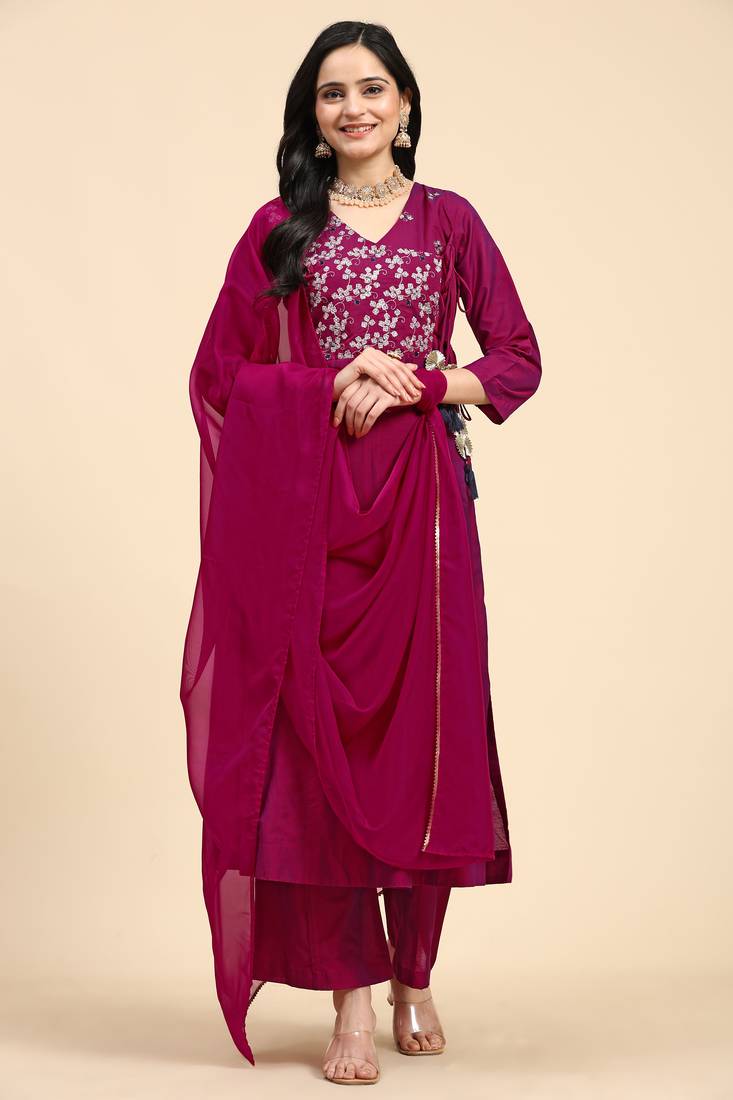 Trendmalls  Leeva Silk Embroidery Salwar Suit Set Angarkha Kurta Palazzo with Dupatta