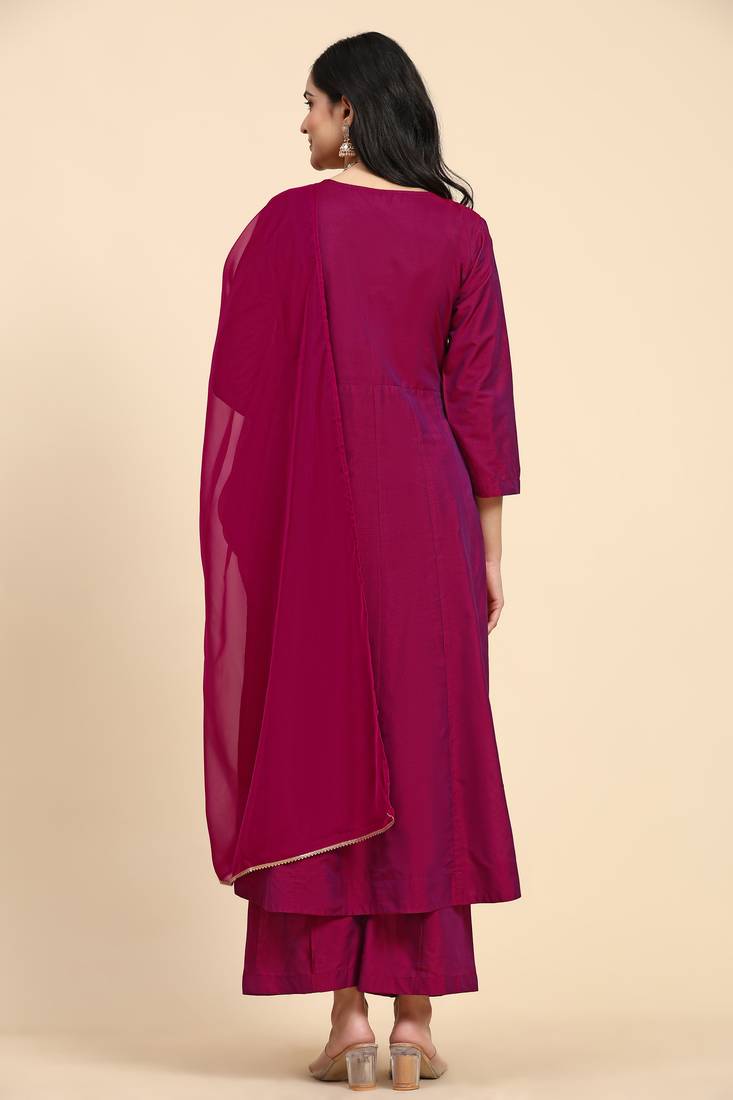 Trendmalls  Leeva Silk Embroidery Salwar Suit Set Angarkha Kurta Palazzo with Dupatta