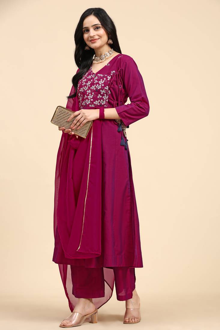 Trendmalls  Leeva Silk Embroidery Salwar Suit Set Angarkha Kurta Palazzo with Dupatta