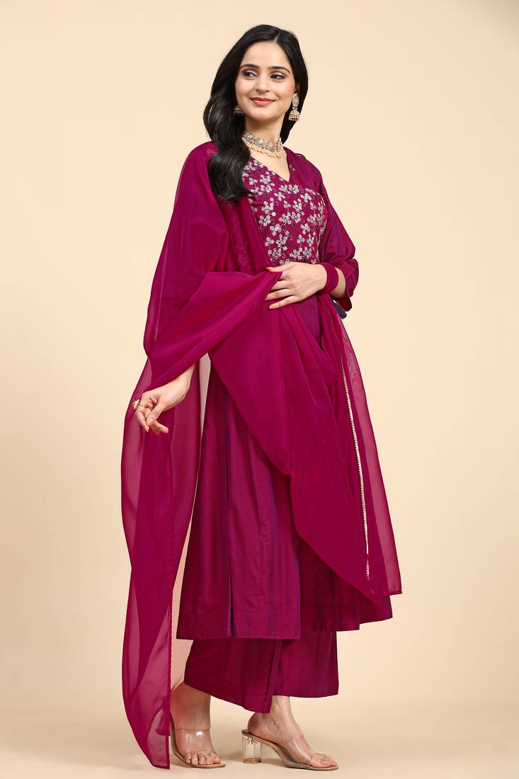 Trendmalls  Leeva Silk Embroidery Salwar Suit Set Angarkha Kurta Palazzo with Dupatta