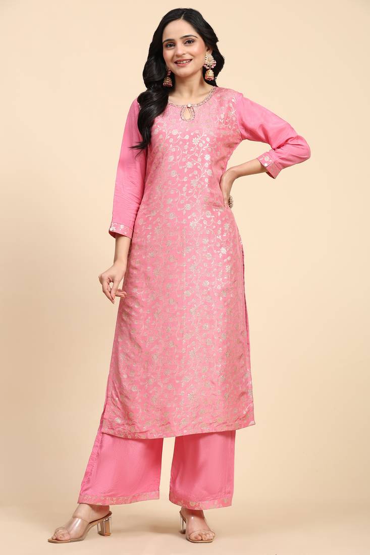 Greyish Purple Viscose Jacquard Pant Style Salwar Kurta Set