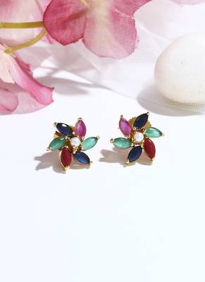 Multicolour Floral Shaped Earrings With American Diamond 1
