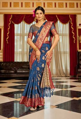Blue Banarasi Tussar Silk Zari Woven Saree With Brocade Blouse For Women 1