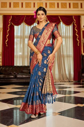 Blue Banarasi Tussar Silk Zari Woven Saree With Brocade Blouse For Women