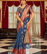 Blue Banarasi Tussar Silk Zari Woven Saree With Brocade Blouse For Women