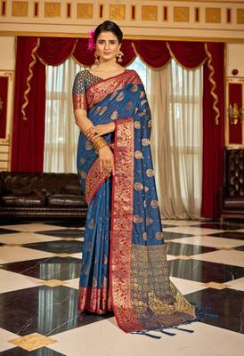 Blue Banarasi Tussar Silk Zari Woven Saree With Brocade Blouse For Women 2