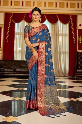 Blue Banarasi Tussar Silk Zari Woven Saree With Brocade Blouse For Women