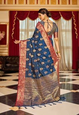 Blue Banarasi Tussar Silk Zari Woven Saree With Brocade Blouse For Women 3