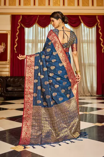 Blue Banarasi Tussar Silk Zari Woven Saree With Brocade Blouse For Women