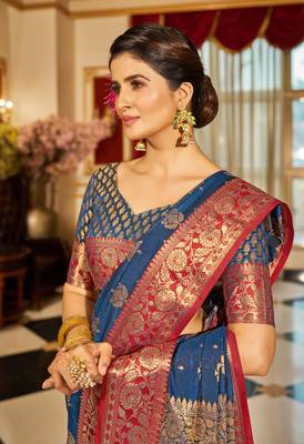 Blue Banarasi Tussar Silk Zari Woven Saree With Brocade Blouse For Women 4