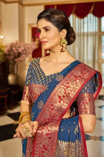 Blue Banarasi Tussar Silk Zari Woven Saree With Brocade Blouse For Women