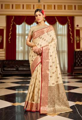 Cream Banarasi Tussar Silk Zari Woven Saree With Brocade Blouse For Women 1