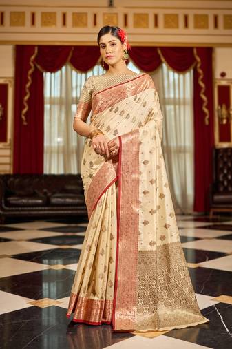 Cream Banarasi Tussar Silk Zari Woven Saree With Brocade Blouse For Women
