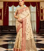 Cream Banarasi Tussar Silk Zari Woven Saree With Brocade Blouse For Women