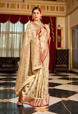 Cream Banarasi Tussar Silk Zari Woven Saree With Brocade Blouse For Women 2