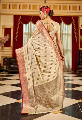 Cream Banarasi Tussar Silk Zari Woven Saree With Brocade Blouse For Women 3