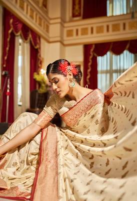 Cream Banarasi Tussar Silk Zari Woven Saree With Brocade Blouse For Women 4