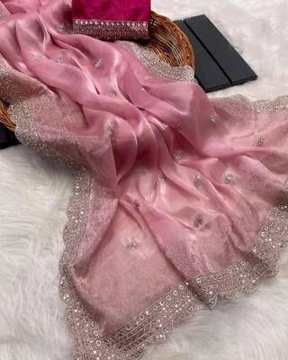 Baby Pink Jimmy Choo Silk Sequin Embroidered Saree with Unstitched Blouse 1