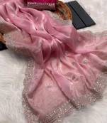 Baby Pink Jimmy Choo Silk Sequin Embroidered Saree with Unstitched Blouse