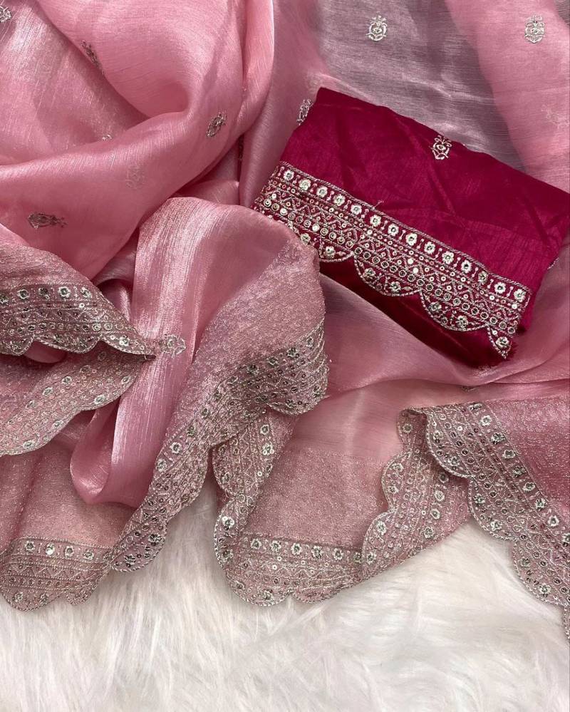 Baby Pink Jimmy Choo Silk Sequin Embroidered Saree with Unstitched Blouse