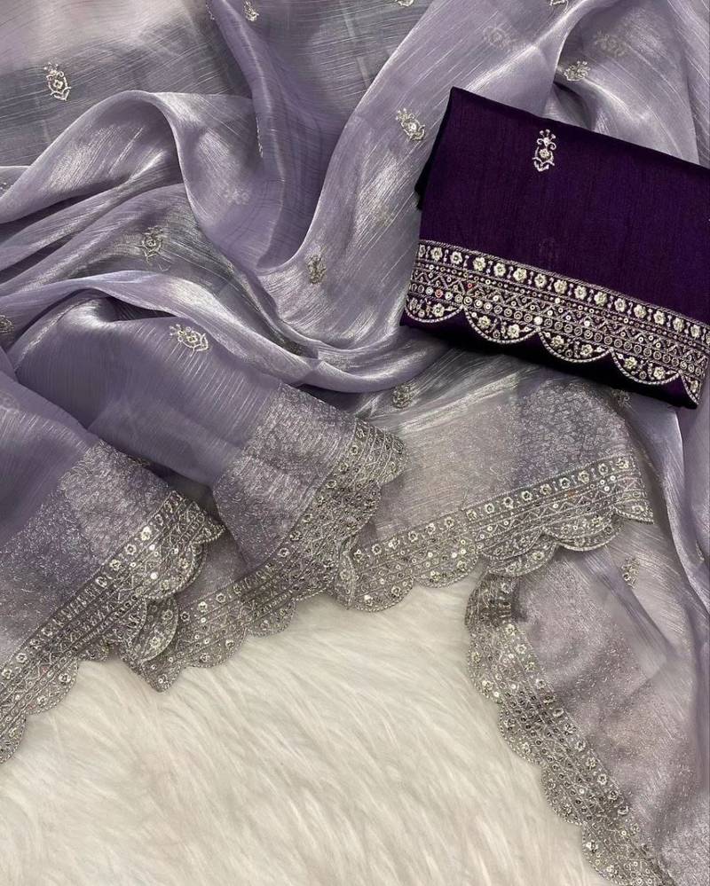 Lavender Colour Pure Soft Burberry Zimmy Choo Silk Blend Sarees With Unstitched Blouse 