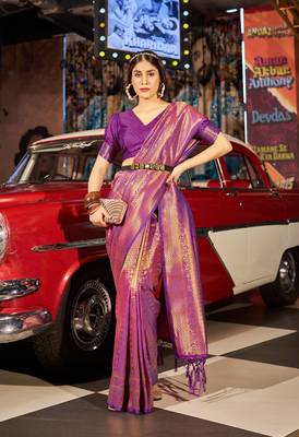 Purple Designer Banarasi Style silk Blend Sequins Work Saree With Blouse For Women 2