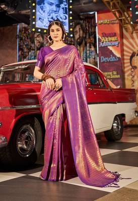 Purple Designer Banarasi Style silk Blend Sequins Work Saree With Blouse For Women 3