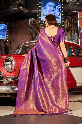 Purple Designer Banarasi Style silk Blend Sequins Work Saree With Blouse For Women