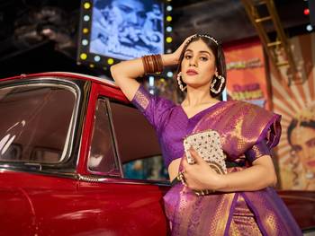 Purple Designer Banarasi Style silk Blend Sequins Work Saree With Blouse For Women 5