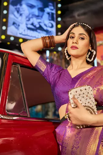 Purple Designer Banarasi Style silk Blend Sequins Work Saree With Blouse For Women