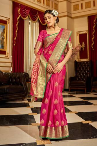 Pink Banarasi Tussar Silk Zari Woven Saree With Brocade Blouse For Women