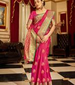 Pink Banarasi Tussar Silk Zari Woven Saree With Brocade Blouse For Women