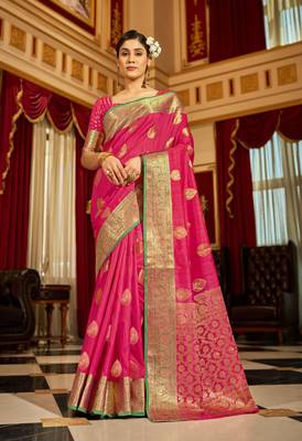 Pink Banarasi Tussar Silk Zari Woven Saree With Brocade Blouse For Women 2