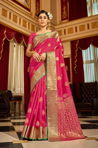 Pink Banarasi Tussar Silk Zari Woven Saree With Brocade Blouse For Women