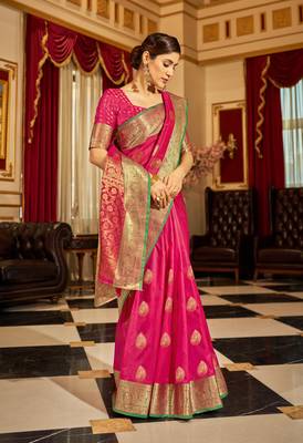 Pink Banarasi Tussar Silk Zari Woven Saree With Brocade Blouse For Women 3
