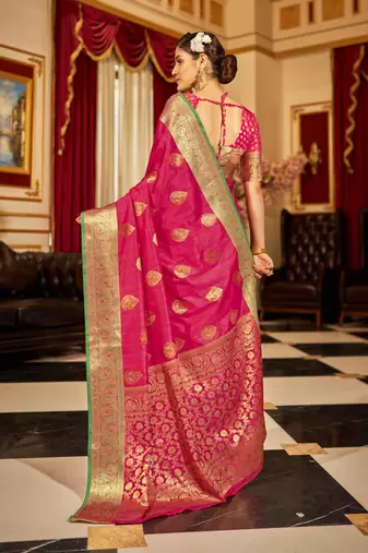 Pink Banarasi Tussar Silk Zari Woven Saree With Brocade Blouse For Women