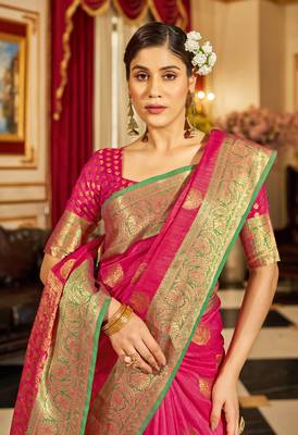 Pink Banarasi Tussar Silk Zari Woven Saree With Brocade Blouse For Women 5