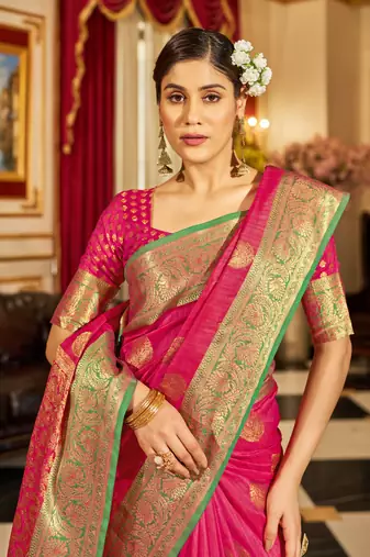 Pink Banarasi Tussar Silk Zari Woven Saree With Brocade Blouse For Women