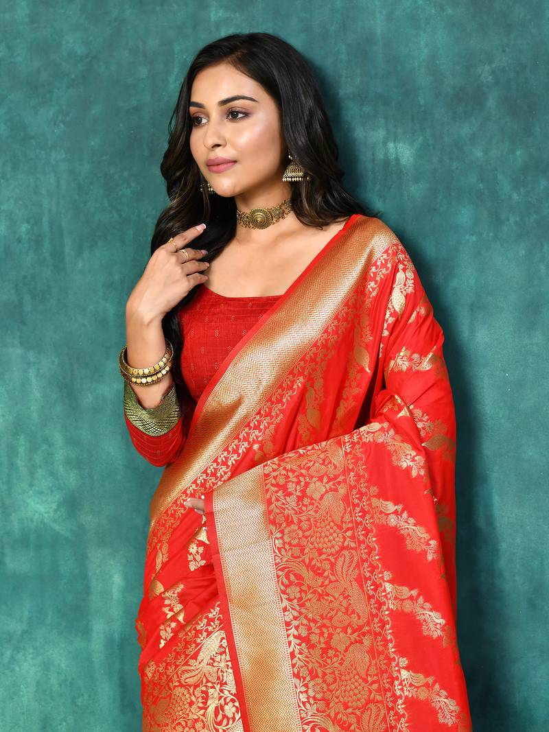Elora silk blend banarasi woven designer saree for women (red)