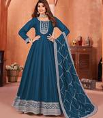 Dark teal colour embroidered art silk indian ethnic wear