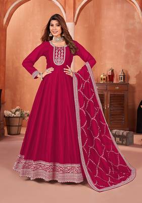 Dark pink colour embroidered art silk indian ethnic wear 1