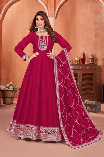 Dark pink colour embroidered art silk indian ethnic wear