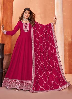 Dark pink colour embroidered art silk indian ethnic wear 2